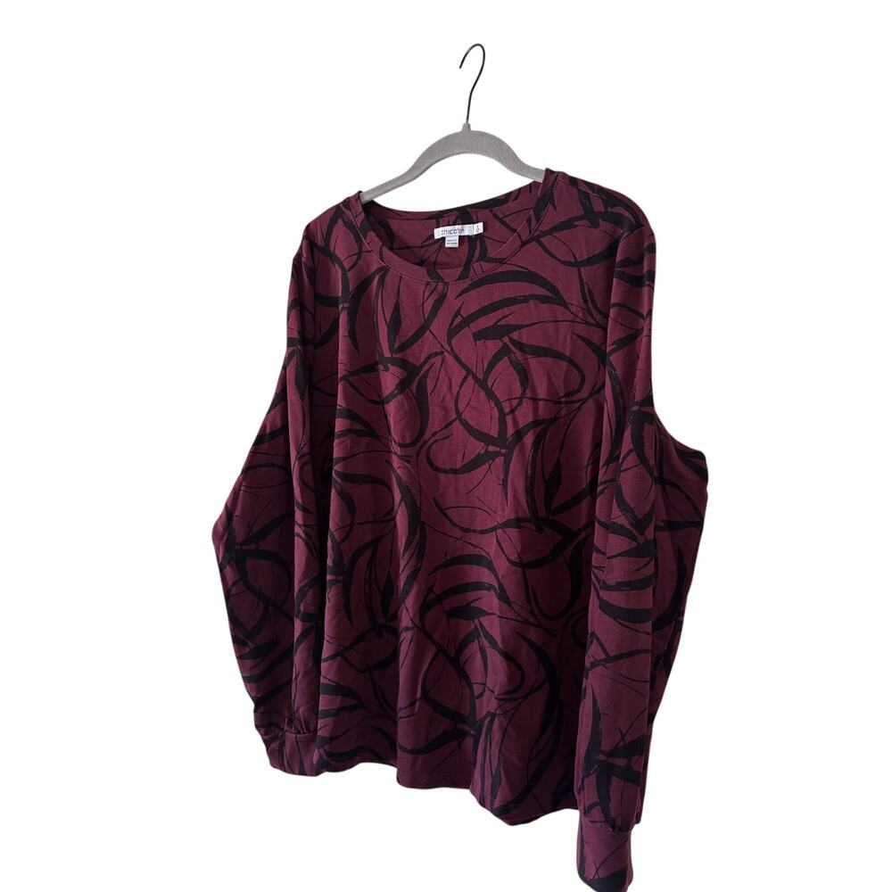 Chico’s Size 3 XL Burgundy Black Abstract Print Long Sleeve Knit Top Stretch - Picture 4 of 10